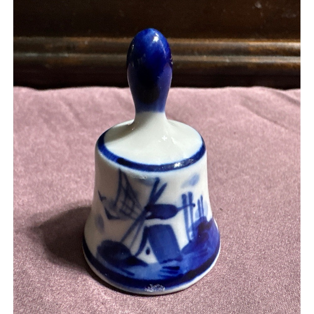Hand Painted Delfts Blue‎ and White Miniature Bell 2.75" High Windmill Vintage